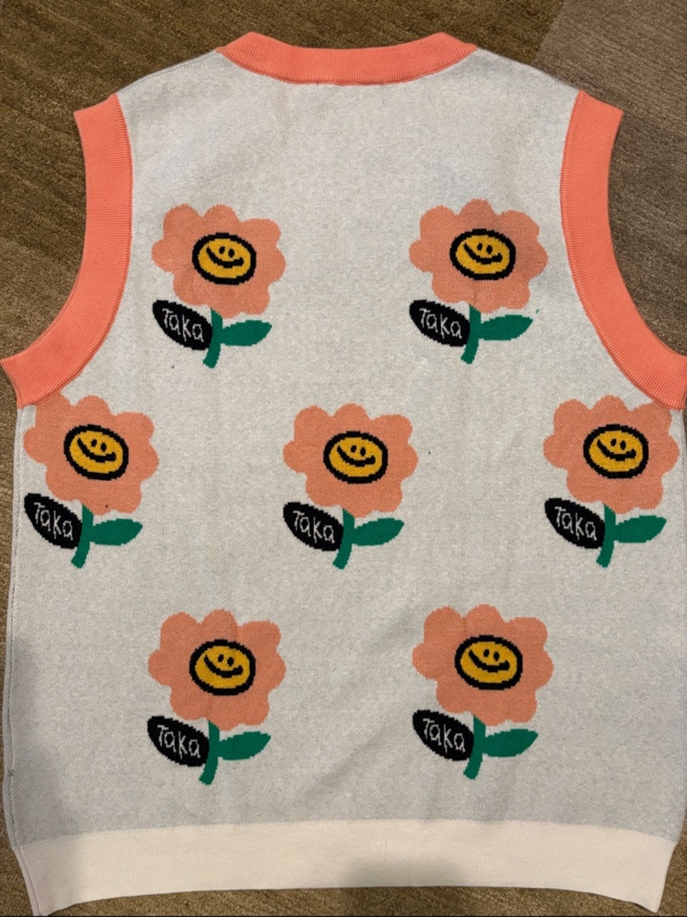 Sleeveless Knit Crewneck Vest with Coral Trim and Flower Motif
